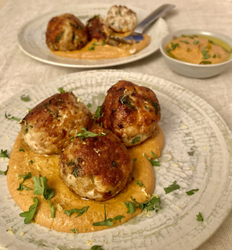 Quick Turkey Meatballs with Walnut Romesco