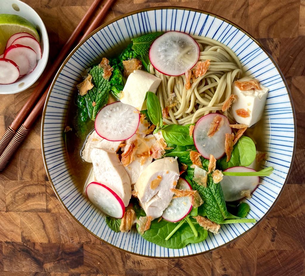 Chicken, tofu & spinach noodle soup