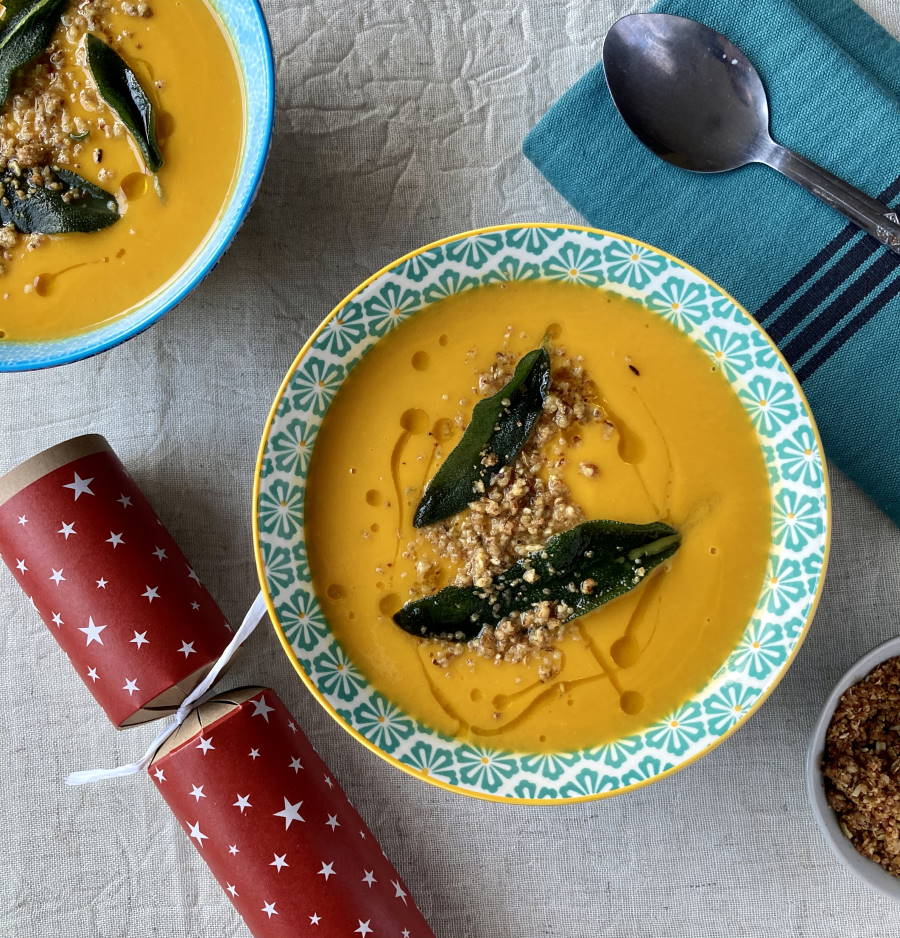 Squash soup with chestnut dukkah & fried sage