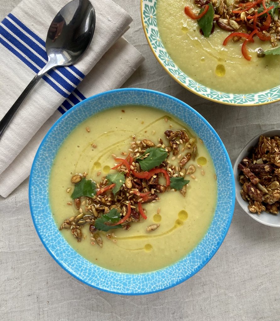 Spiced Parsnip Soup with Pecan & Pumpkin Seed Crunch