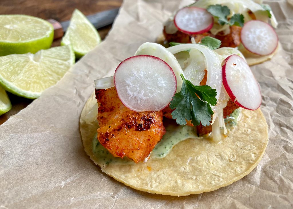 Fish tacos with lime & coriander mayo